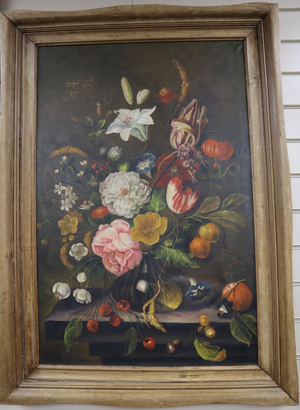 S. Johnson, oil on canvas, Still life of flowers in a vase on a ledge, signed, 90 x 60cm